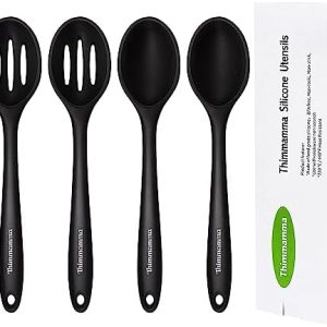 Silicone Cooking Spoon Set - Heat Resistant Nonstick Kitchen Utensils - Versatile Slotted & Solid Serving Spoons for Hom